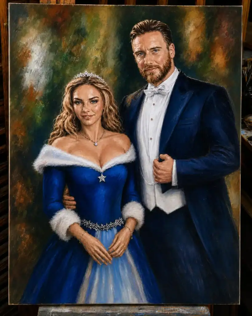 Portret de cuplu finalizat, pictat în ulei pe pânză, prezentat pe șevalet în atelier.