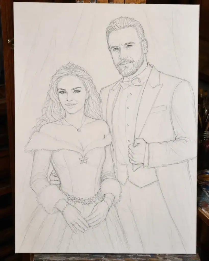 Schiță în creion pentru un portret de cuplu pe pânză, realizată pe șevalet în atelier.